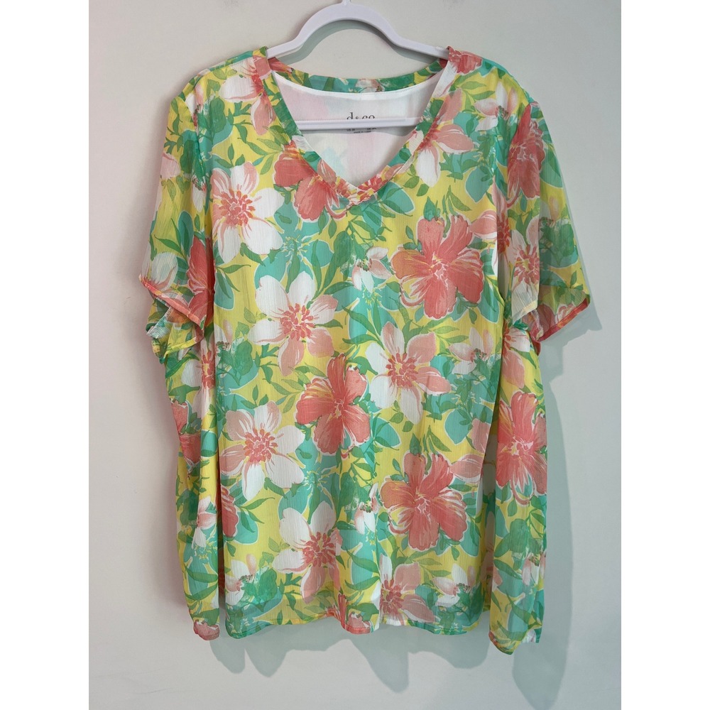 Denim & Co Womens 3X Floral V-Neck Blouse Short Sleeve Yellow Green Tropical Top